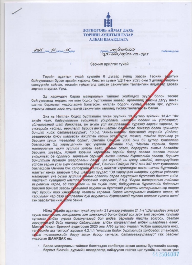 дорноговь аймаг дахь төрийн аудитын газар албан шаардлага