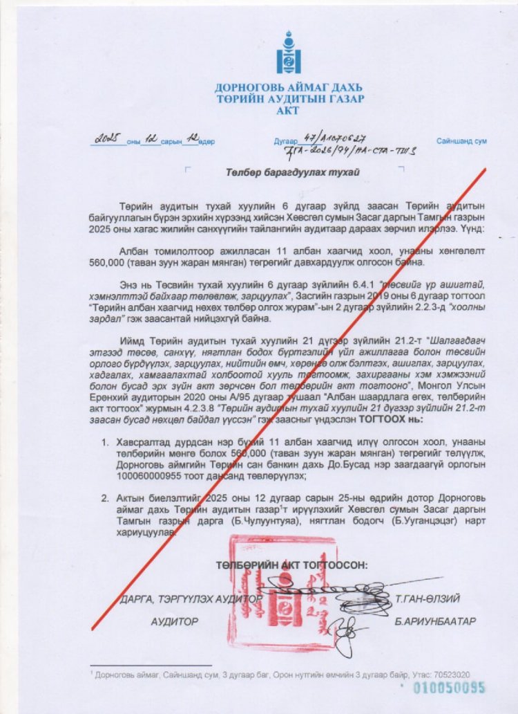 дорноговь аймаг дахь төрийн аудитын газар албан шаардлага